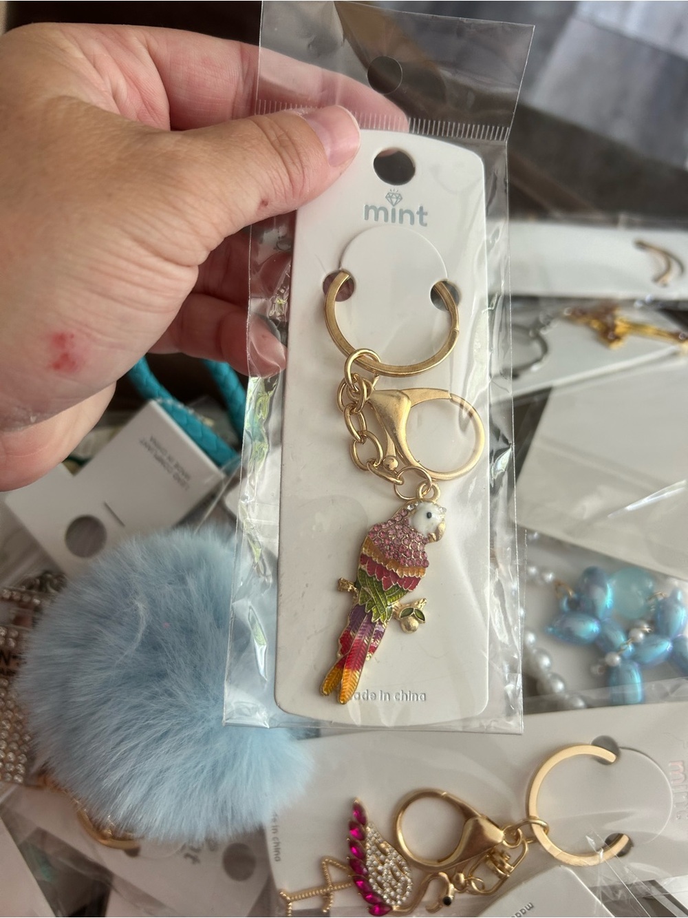 5/$25 Mint Gold-Tone Multicolor Parrot Keychain with Blue Pom